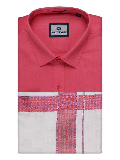 Men's Cotton Dark Pink Shirt and Airtex Matching Border Dhoti Combo Nector