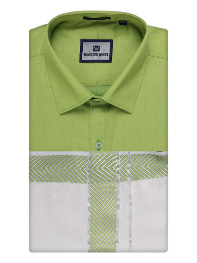 Men's Cotton Parrot Green Shirt and Airtex Matching Border Dhoti Combo Nector