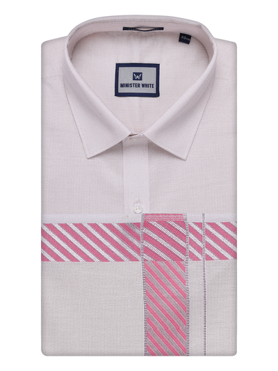 Mens Light Rose Tissue Stripe Shirt and Dhoti Combo with Jacquard Border Kane by Minister White
