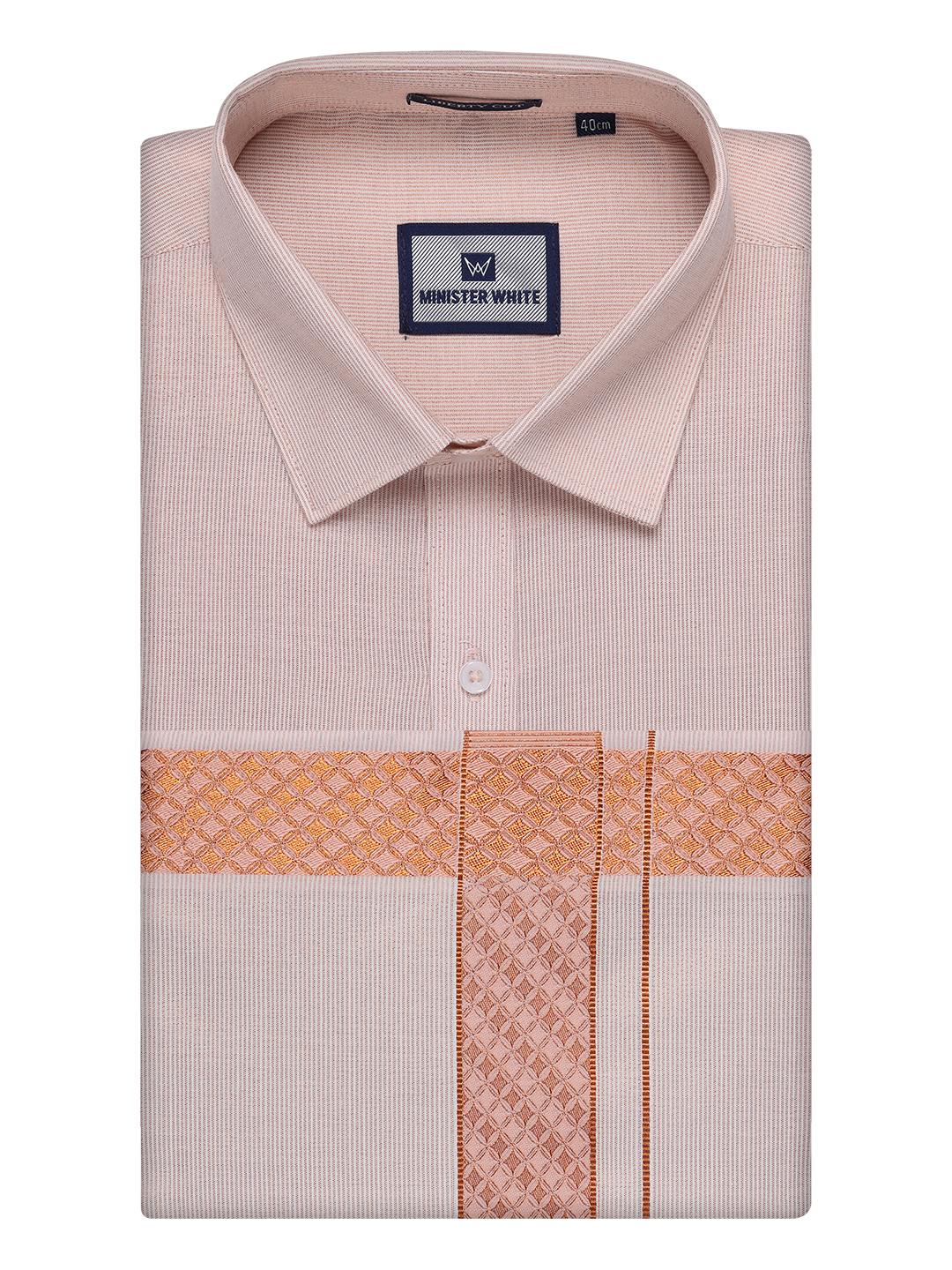 Mens Copper Tissue Stripe Shirt and Dhoti Combo with Jacquard Border Kane by Minister White