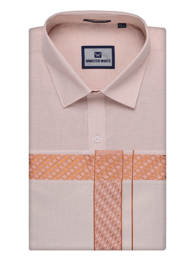 Mens Copper Tissue Stripe Shirt and Dhoti Combo with Jacquard Border Kane by Minister White