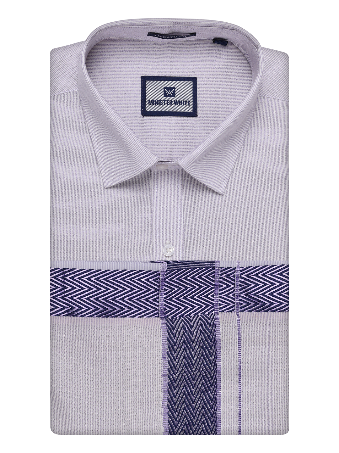 Mens Lavender Tissue Stripe Shirt and Dhoti Combo with Jacquard Border Kane by Minister White