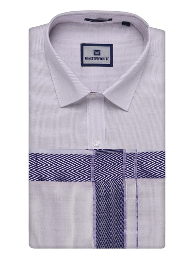 Mens Lavender Tissue Stripe Shirt and Dhoti Combo with Jacquard Border Kane by Minister White