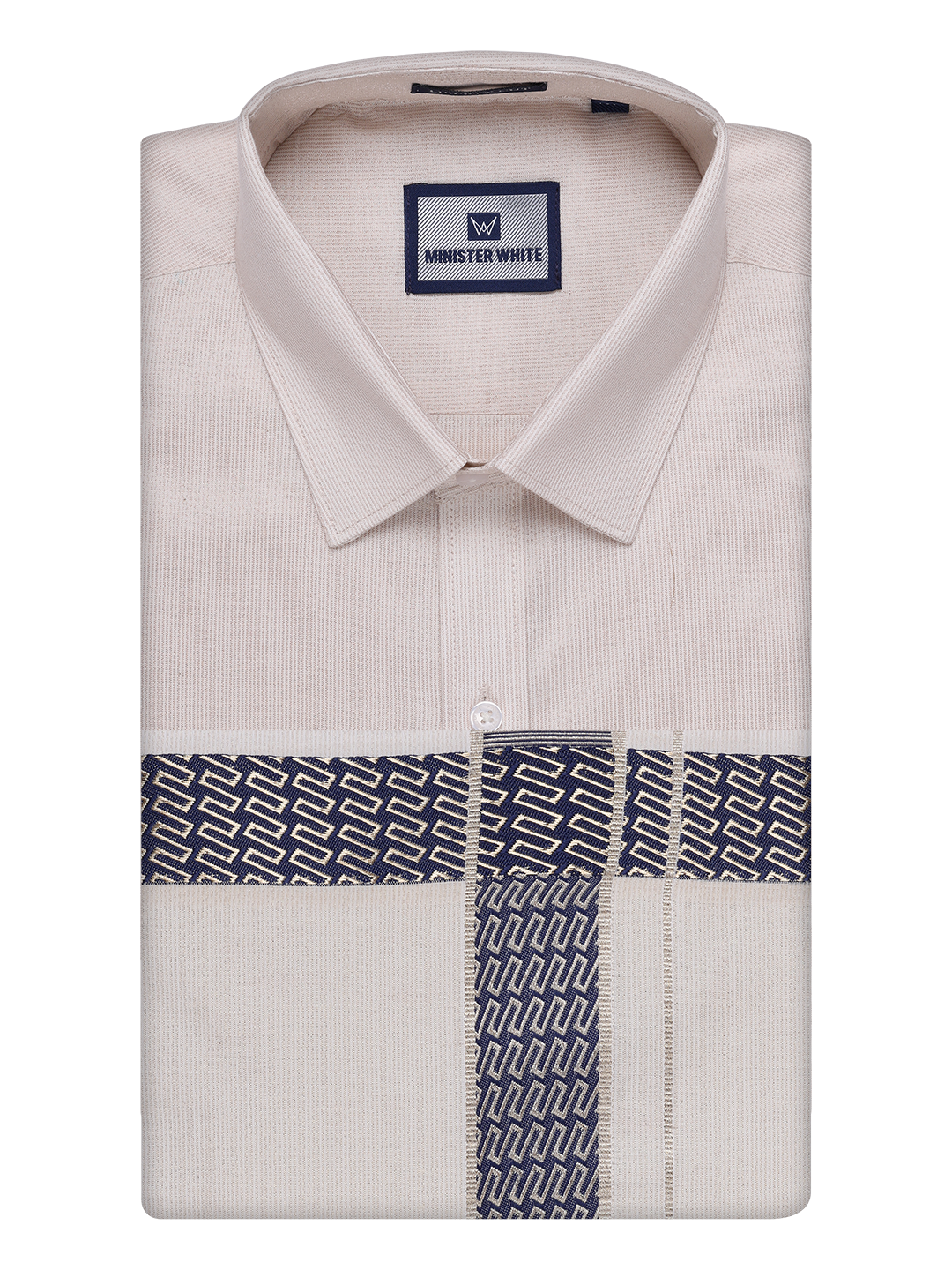Men's Beige Tissue Stripe Shirt and Dhoti Combo with Jacquard Border Kane by Minister White