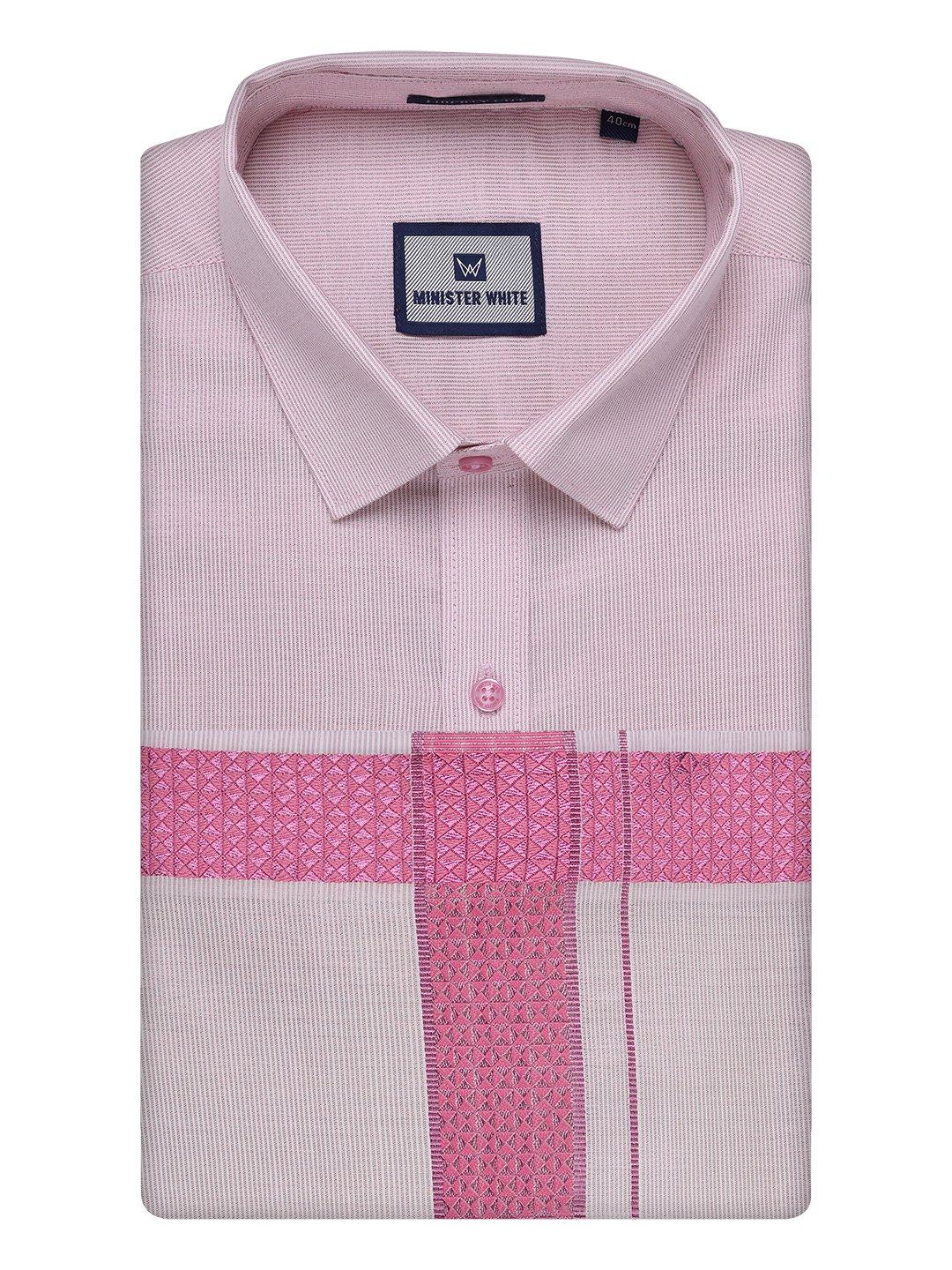 Mens Rose Tissue Stripe Shirt and Dhoti Combo with Jacquard Border Kane by Minister White