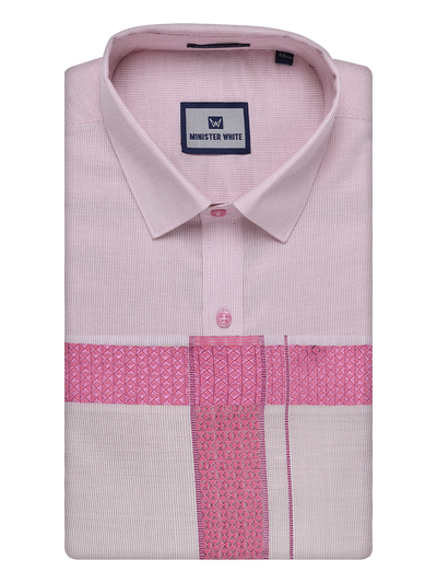 Mens Rose Tissue Stripe Shirt and Dhoti Combo with Jacquard Border Kane by Minister White
