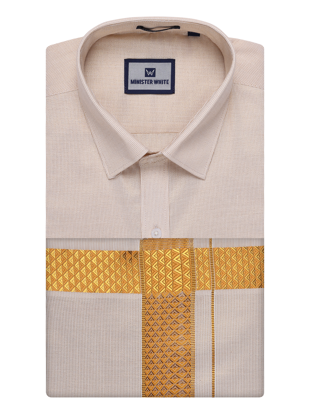Mens Gold Tissue Stripe Shirt and Dhoti Combo with Jacquard Border Kane by Minister White