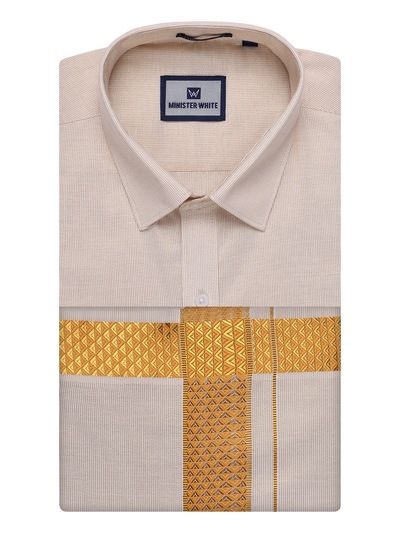 Mens Gold Tissue Stripe Shirt and Dhoti Combo with Jacquard Border Kane by Minister White