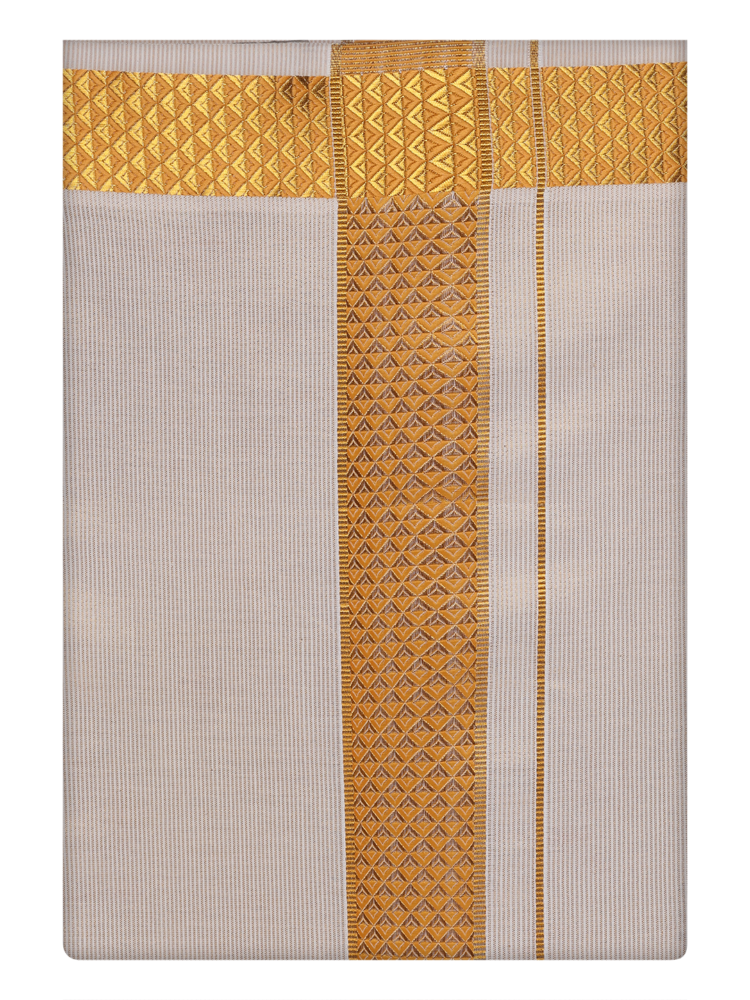 Mens Gold Tissue Stripe Dhoti with Jacquard Border by Minister White