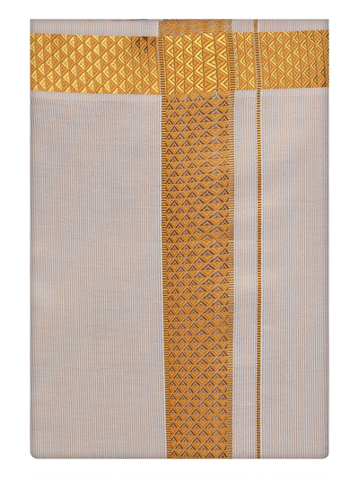 Mens Gold Tissue Stripe Dhoti with Jacquard Border by Minister White