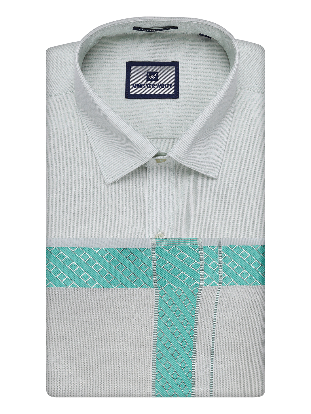 Mens Sky Green Tissue Stripe Shirt and Dhoti Combo with Jacquard Border Kane by Minister White