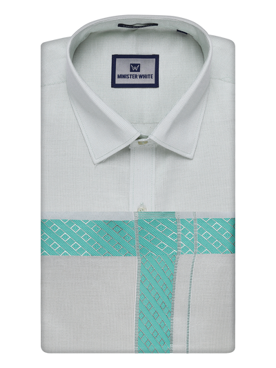 Mens Sky Green Tissue Stripe Shirt and Dhoti Combo with Jacquard Border Kane by Minister White