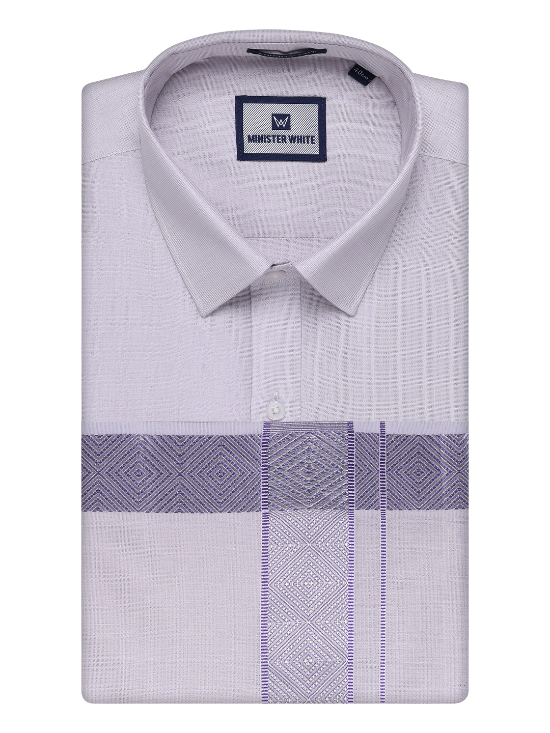 Mens Lavender Tissue Shirt and Dhoti Set with Intricate Jacquard Border Plum by Minister White