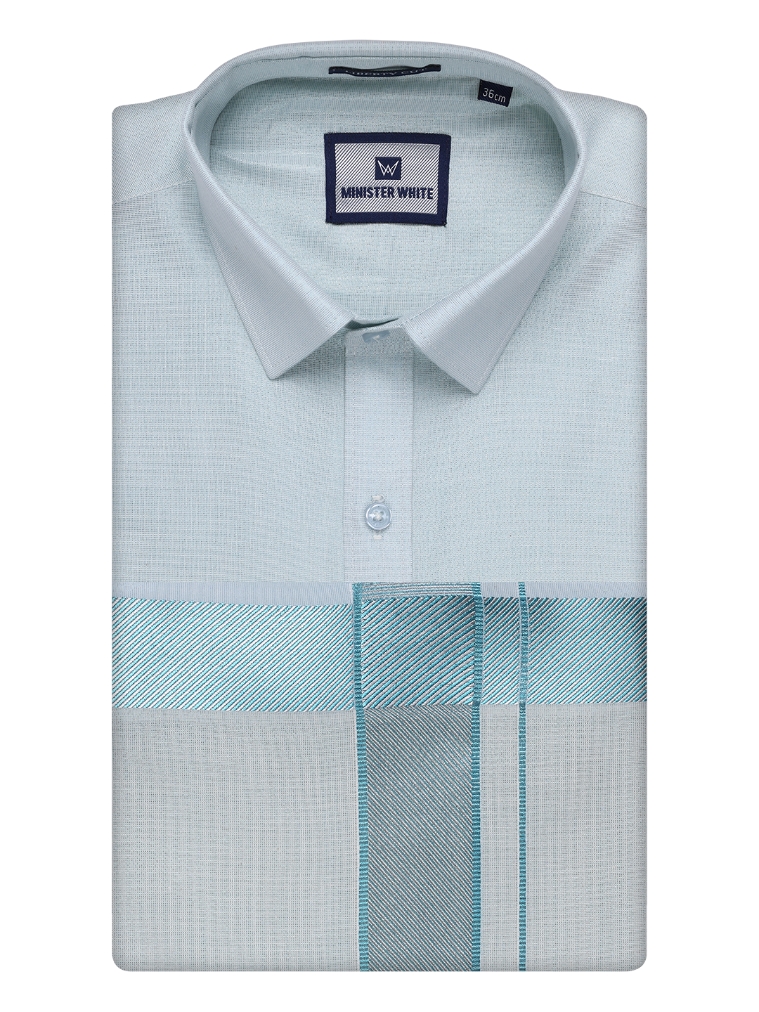 Mens Mint Blue Tissue Shirt and Dhoti Set with Intricate Jacquard Border Plum by Minister White