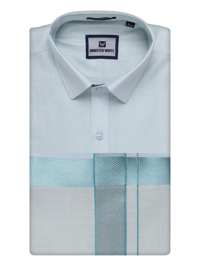 Mens Mint Blue Tissue Shirt and Dhoti Set with Intricate Jacquard Border Plum by Minister White
