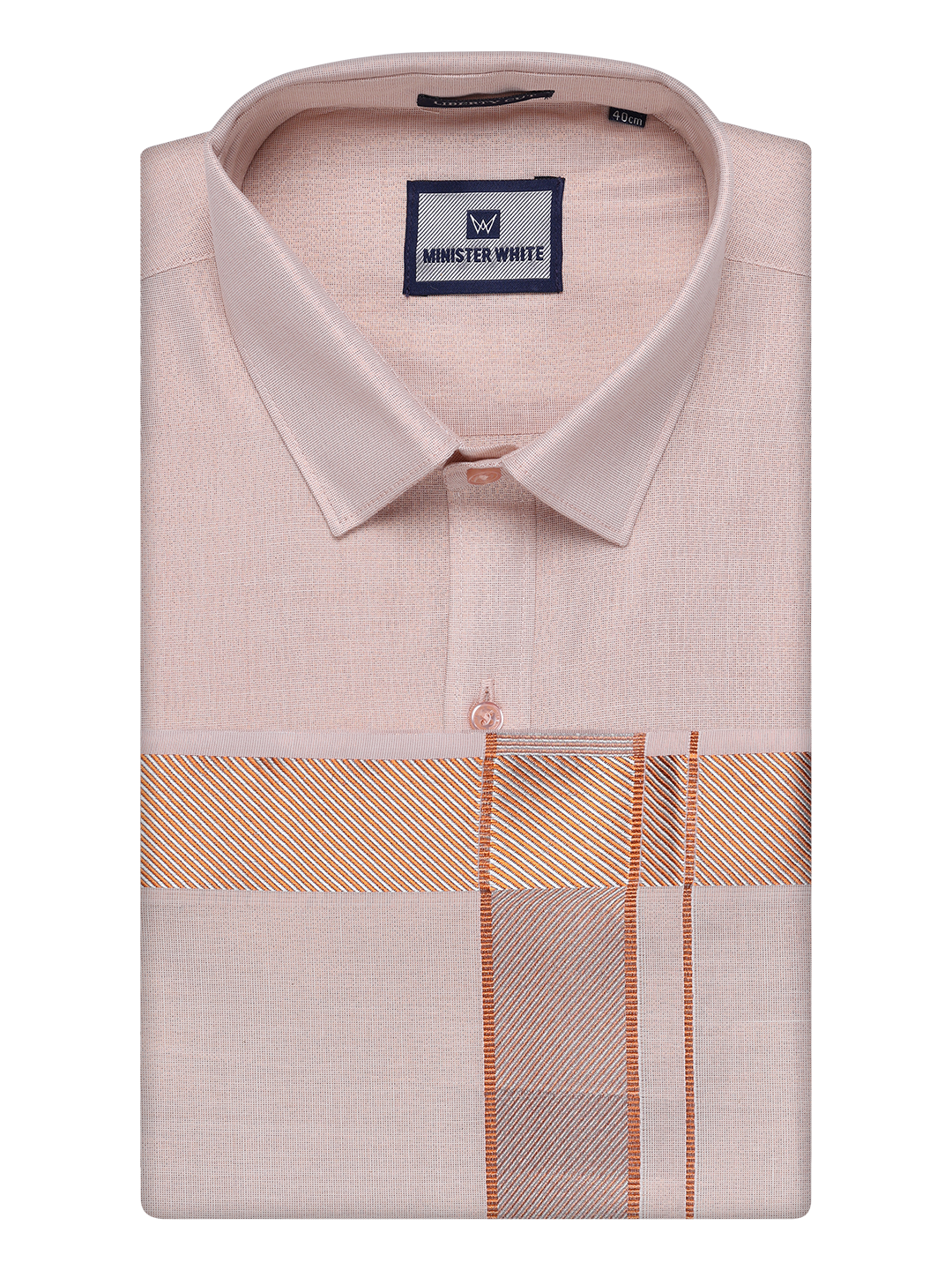 Mens Copper Tissue Shirt and Dhoti Set with Intricate Jacquard Border Plum by Minister White