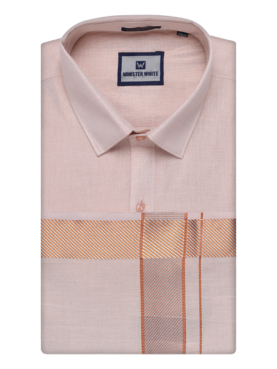 Mens Copper Tissue Shirt and Dhoti Set with Intricate Jacquard Border Plum by Minister White