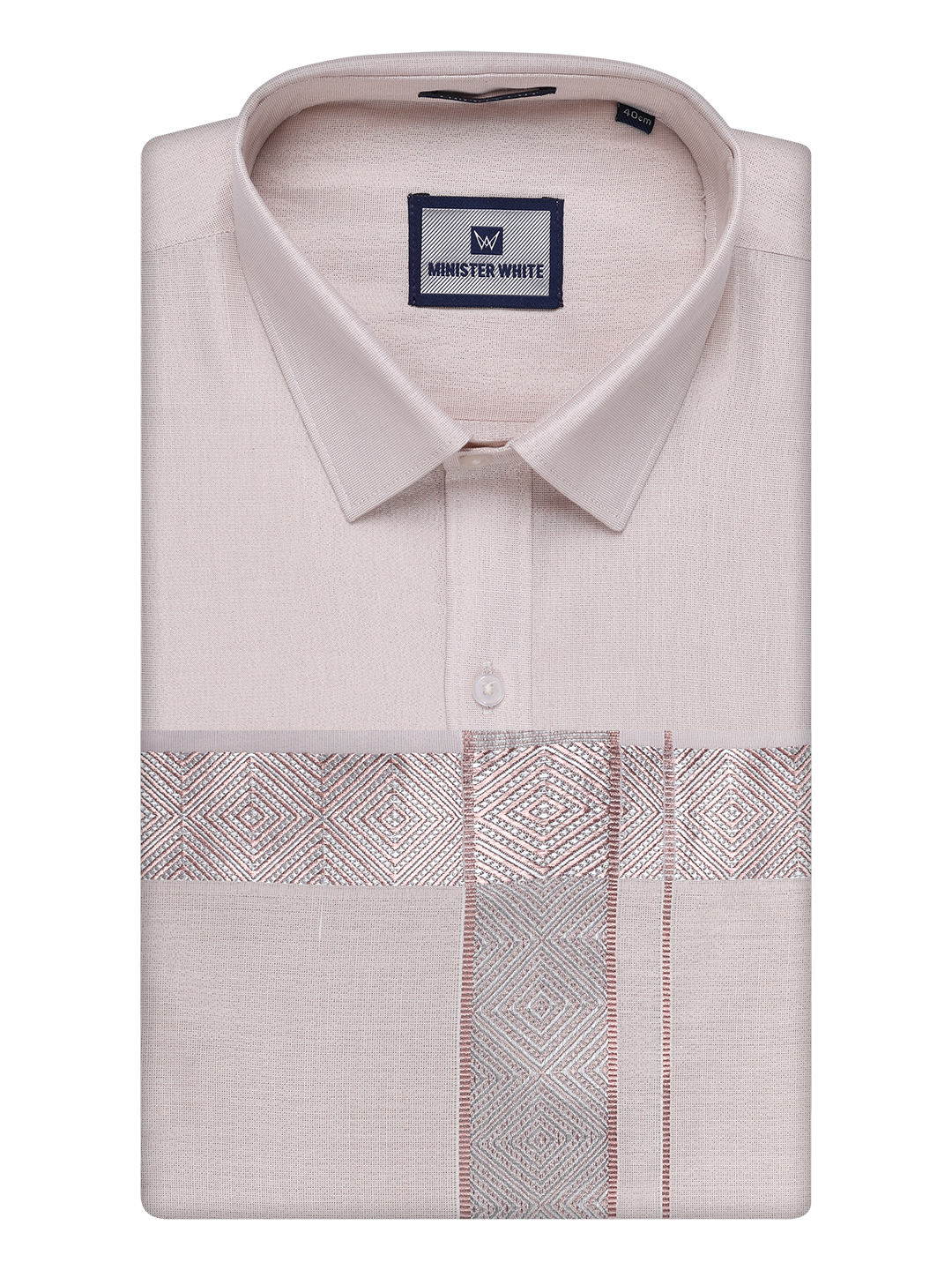 Mens Almond Tissue Shirt and Dhoti Set with Intricate Jacquard Border Plum by Minister White