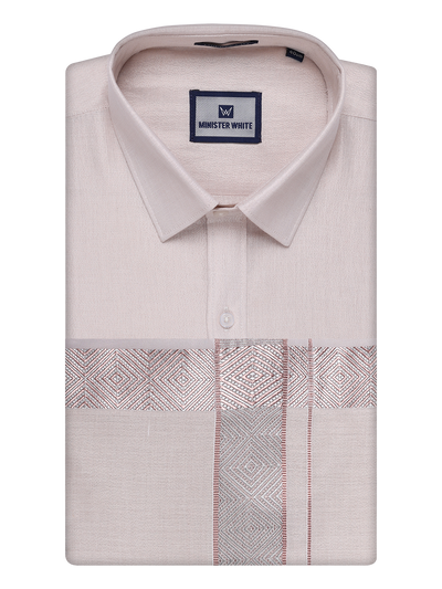 Mens Almond Tissue Shirt and Dhoti Set with Intricate Jacquard Border Plum by Minister White