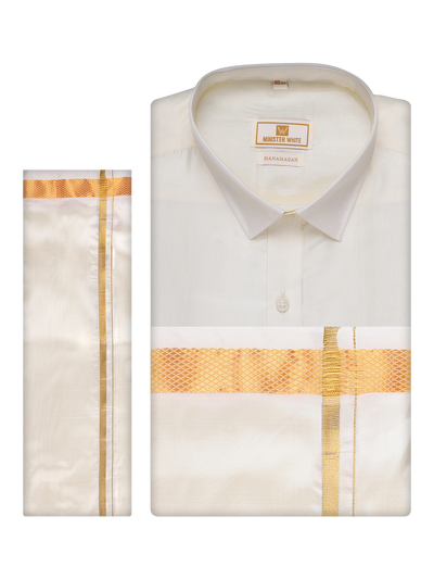 Men's Silk Mix Wedding Cream Shirt, Dhoti, Nerial with Belt Combo - Thamboolam