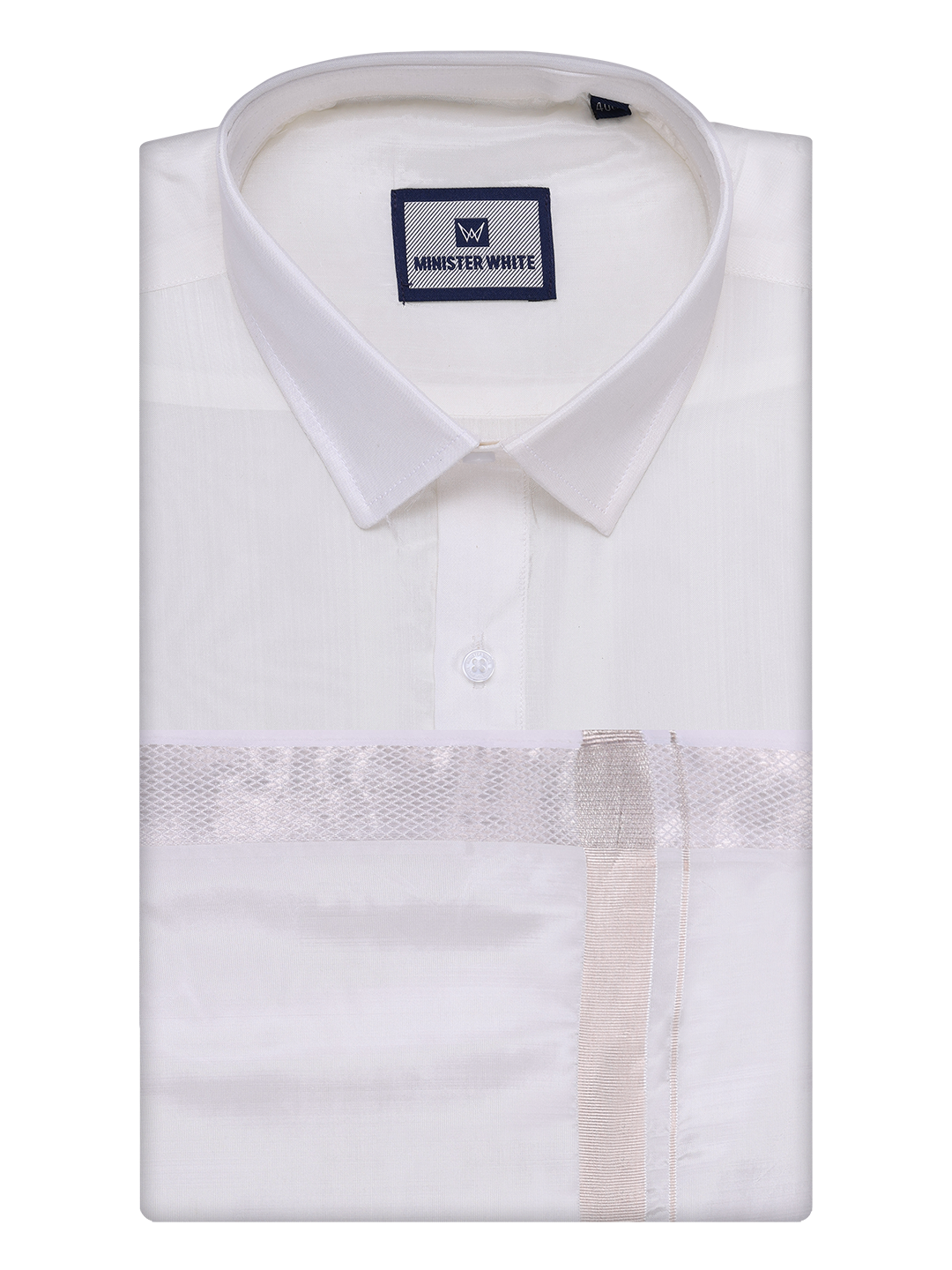 Men's Art Silk Half White Full Sleeves Shirt with Silver Jari Border Dhoti Combo Finesse