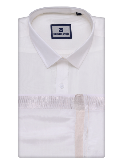 Men's Art Silk Half White Full Sleeves Shirt with Silver Jari Border Dhoti Combo Finesse