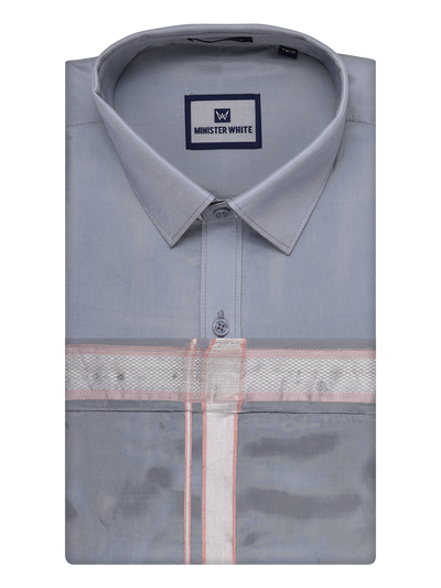 Men's Art Silk Steel Grey Full Sleeves Shirt with Silver Jari Border Dhoti Combo Finesse