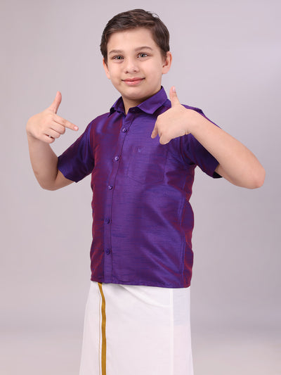 Boys Dark Blue Color Half Sleeves Shirt side pose