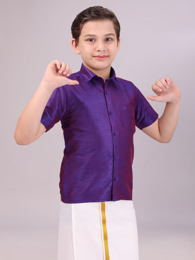 Boys Dark Blue Color Half Sleeves Shirt side pose