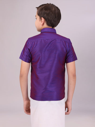 Boys Dark Blue Color Half Sleeves Shirt back pose
