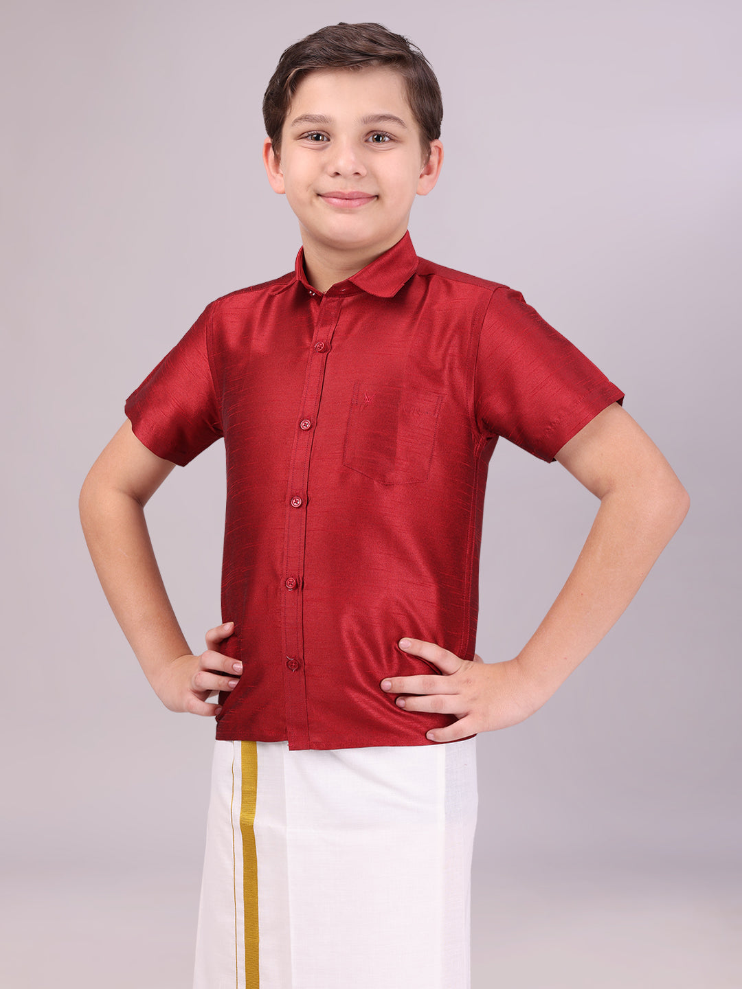 Boys Dark Brown Color Half Sleeves Shirt side pose