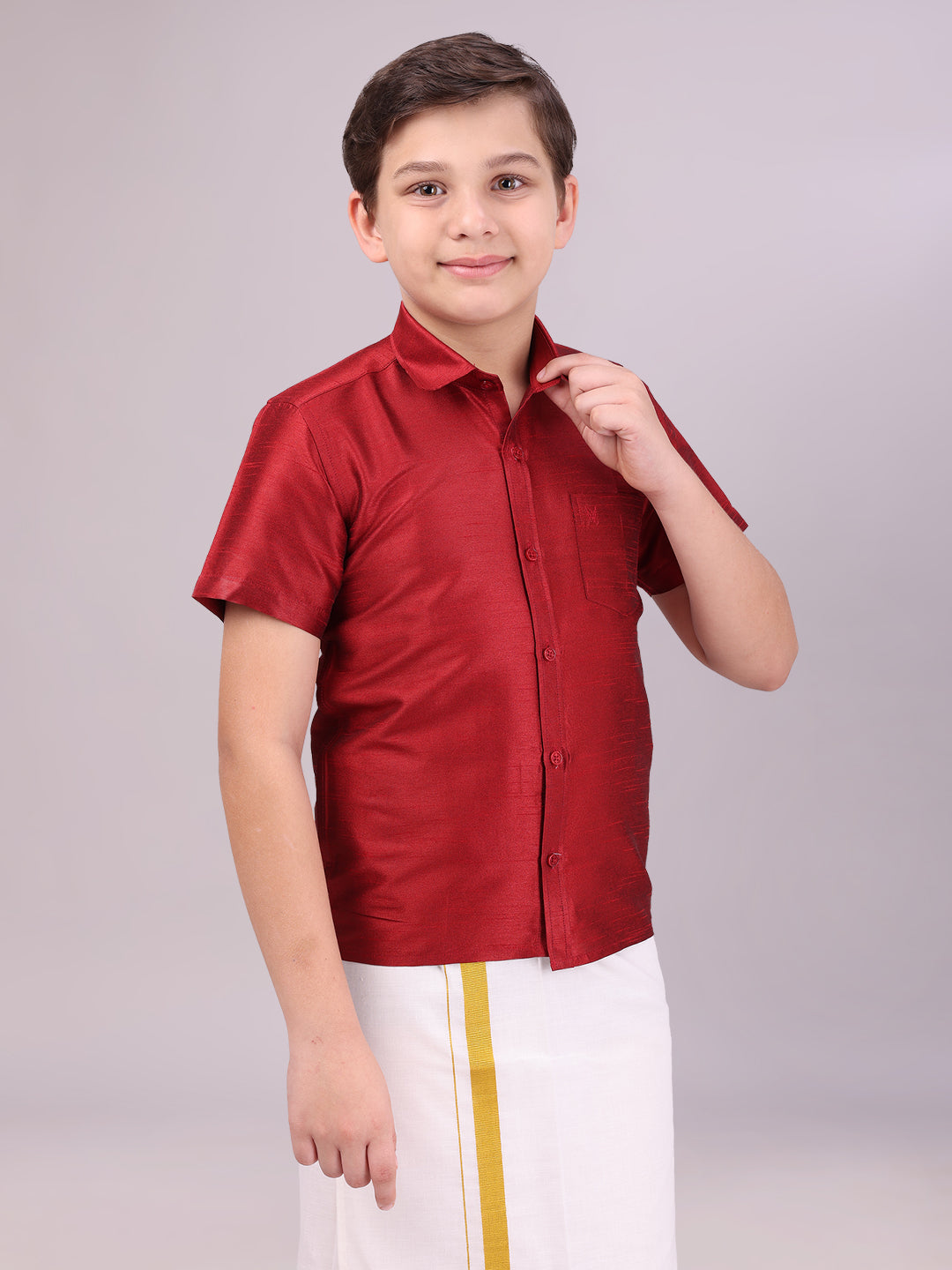 Boys Dark Brown Color Half Sleeves Shirt side pose