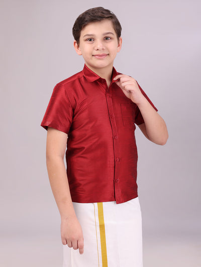 Boys Dark Brown Color Half Sleeves Shirt side pose