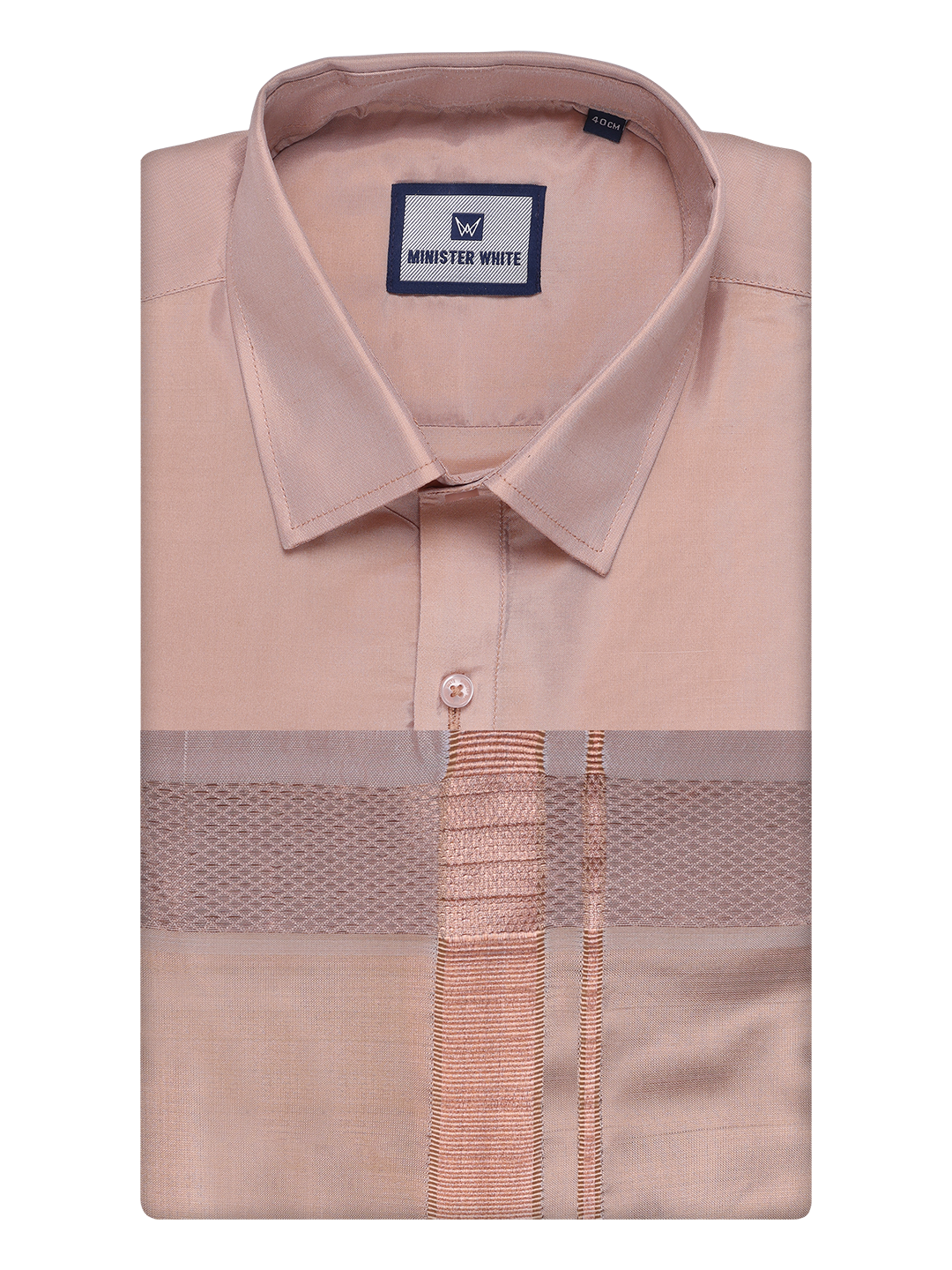 Mens Art Silk Light Copper Full Sleeves Shirt with Copper Jari Border Dhoti Combo Finesse by Minister White