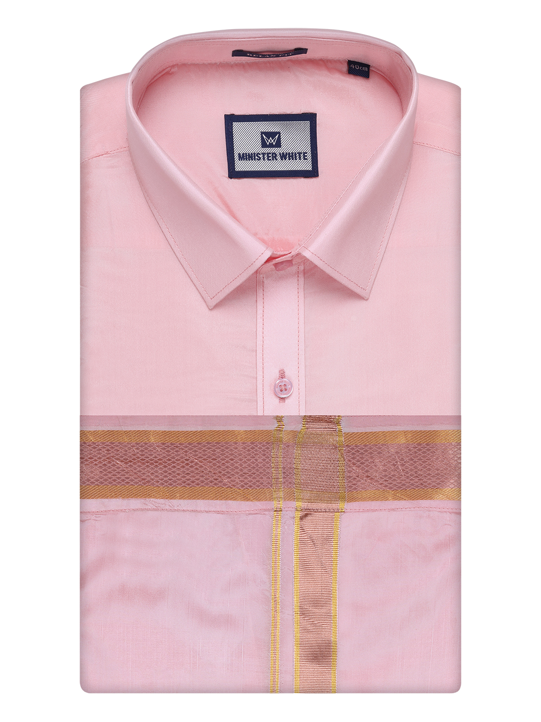 Men's Art Silk Pink Full Sleeves Shirt with Copper Jari Border Dhoti Combo Finesse 