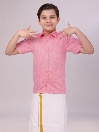 Boys Cotton Pink Colour Half Sleeves Shirt front pose