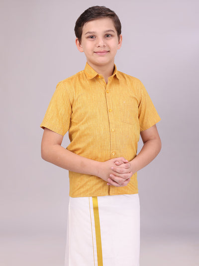 Boys Cotton Mustard Colour Half Sleeves Shirt front pose