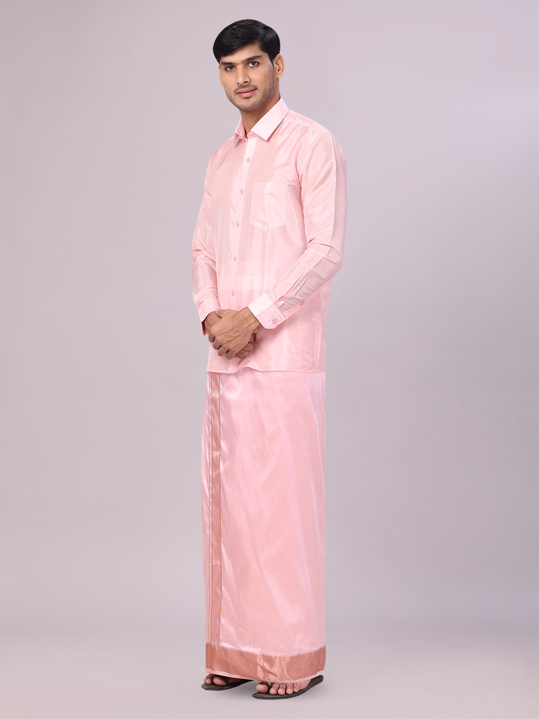 Men's Art Silk Pink Full Sleeves Shirt with 3" Lt.Copper Jari Border Dhoti Combo Haldi side pose