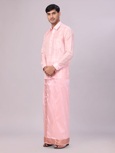 Men's Art Silk Pink Full Sleeves Shirt with 3" Lt.Copper Jari Border Dhoti Combo Haldi side pose