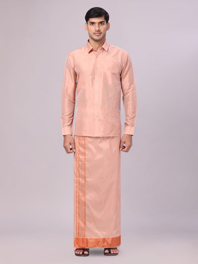 Men's Art Silk Dark Copper Full Sleeves Shirt with 3" Copper Jari Border Dhoti Combo Haldi