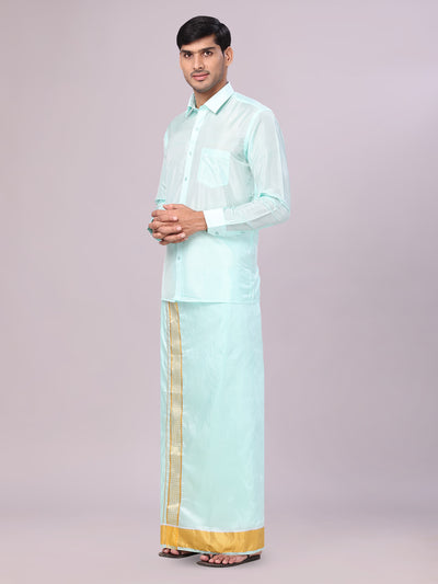 Men's Art Silk Mint Gold Full Sleeves Shirt with 3" Gold Jari Border Dhoti Combo Haldi side pose