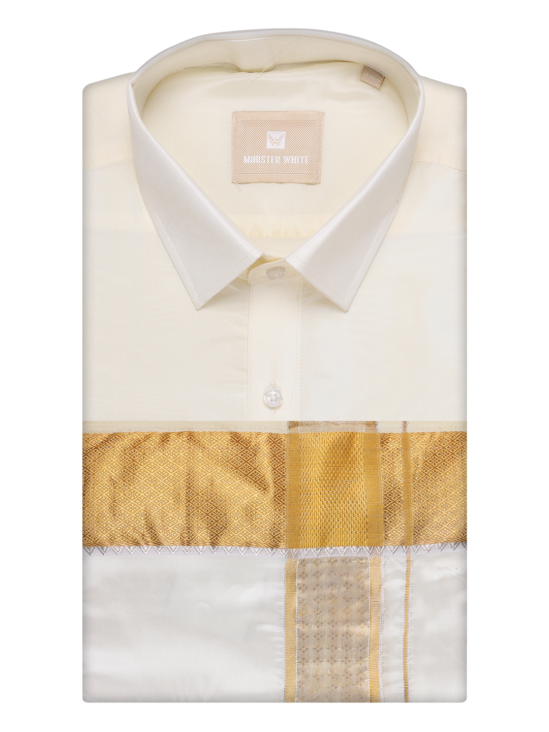 Mens Art Silk Cream Full Sleeves Shirt with 3" Gold Jari Border Dhoti Combo Haldi by Minister White
