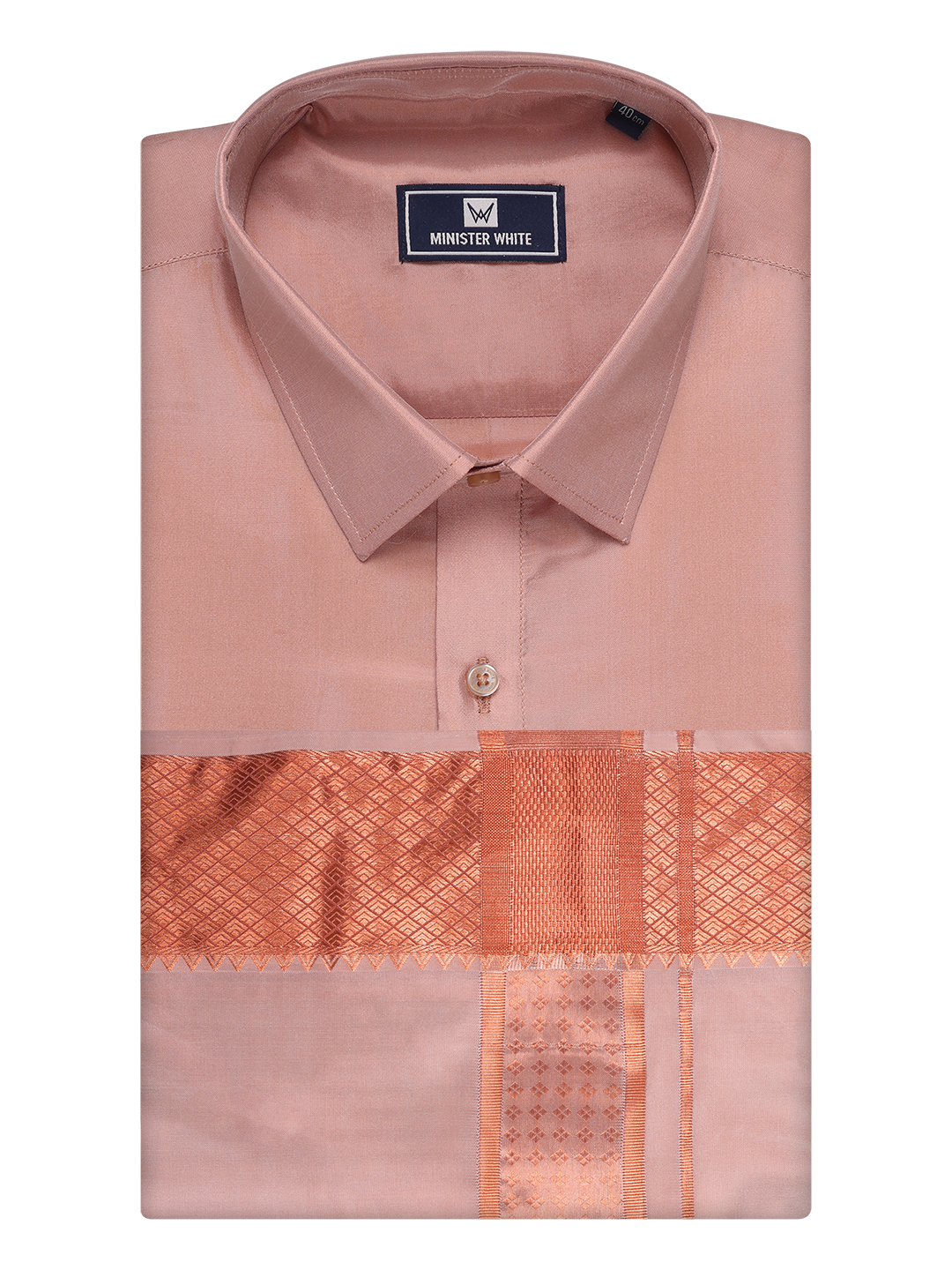 Mens Art Silk Dark Copper Full Sleeves Shirt with 3" Copper Jari Border Dhoti Combo Haldi by Minister White