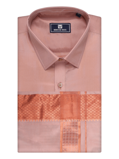 Mens Art Silk Dark Copper Full Sleeves Shirt with 3" Copper Jari Border Dhoti Combo Haldi by Minister White