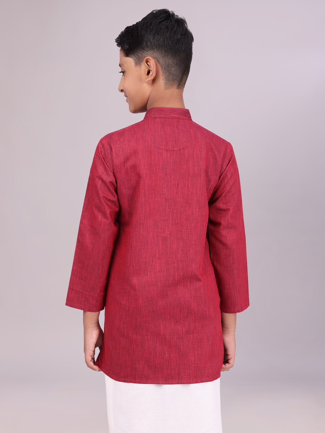 Boys Cotton Maroon Full Sleeves Kurta back pose