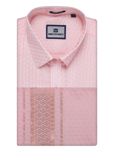 Mens Art Silk Pink Full Sleeves Shirt with 2 1/2" Copper Jari Border Dhoti Combo Neogen by Minister White