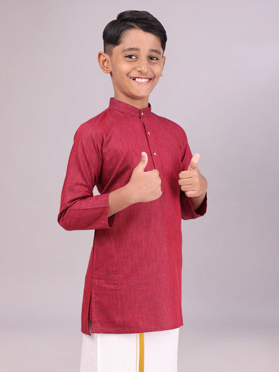 Boys Cotton Maroon Full Sleeves Kurta side pose