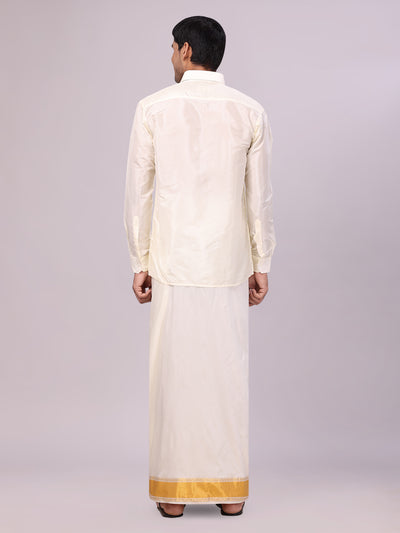 Mens Art Silk Cream Full Sleeves Shirt with 3 1/2" Gold Jari Border Dhoti Combo Haldi back pose