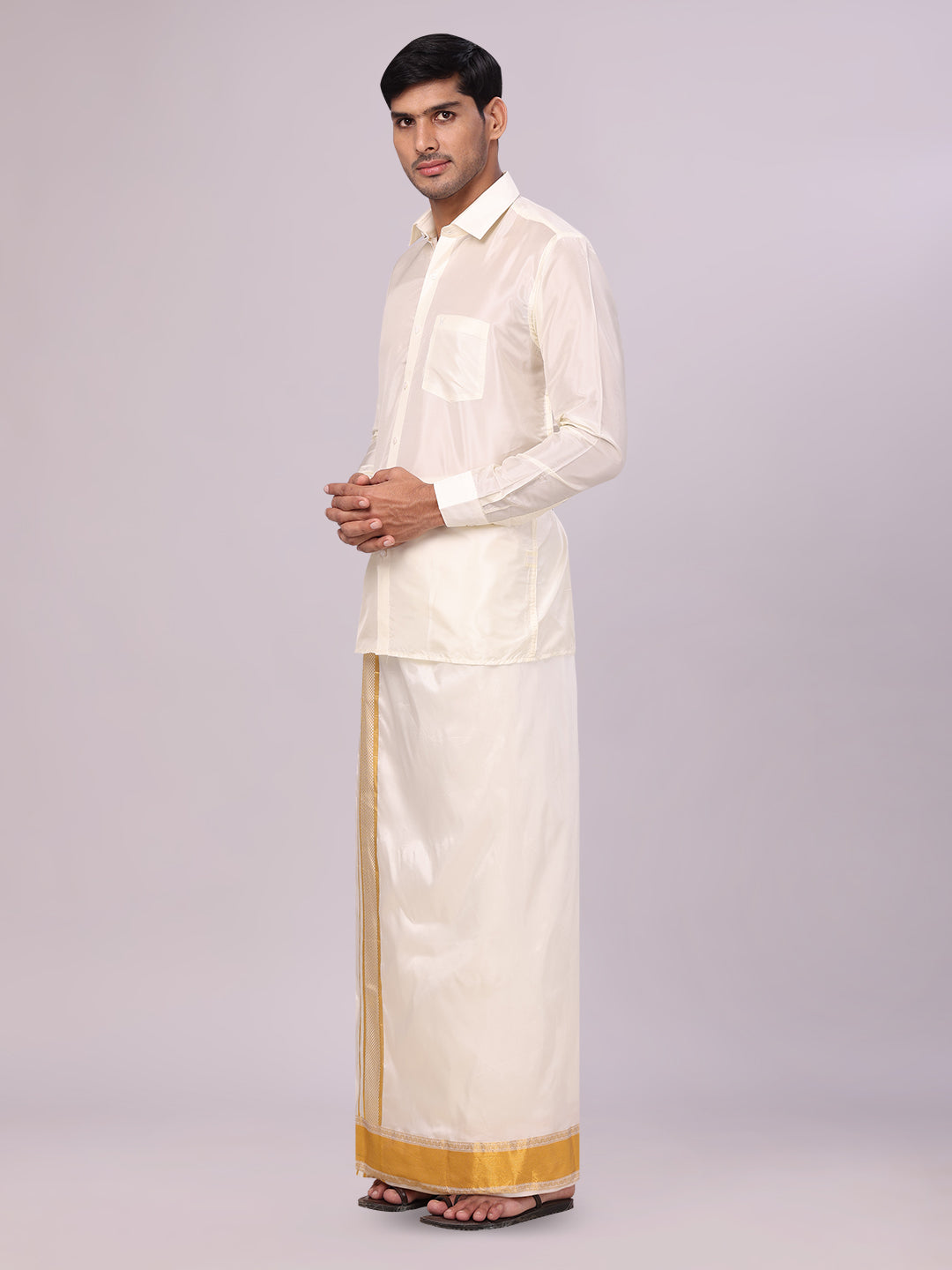 Mens Art Silk Cream Full Sleeves Shirt with 3 1/2" Gold Jari Border Dhoti Combo Haldi side pose