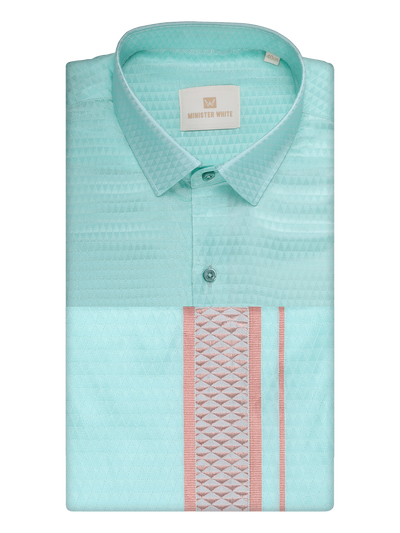 Mens Art Silk Mint Full Sleeves Shirt with 2 1/2" Copper Jari Border Dhoti Combo Neogen by Minister White